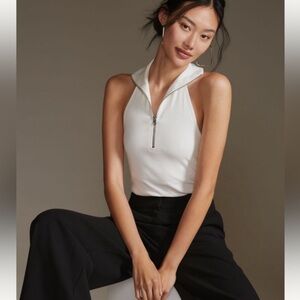 Anthropologie Maeve Quarter-Zip Halter Top White Sleeveless Zip-Up Top‎ cons 1X